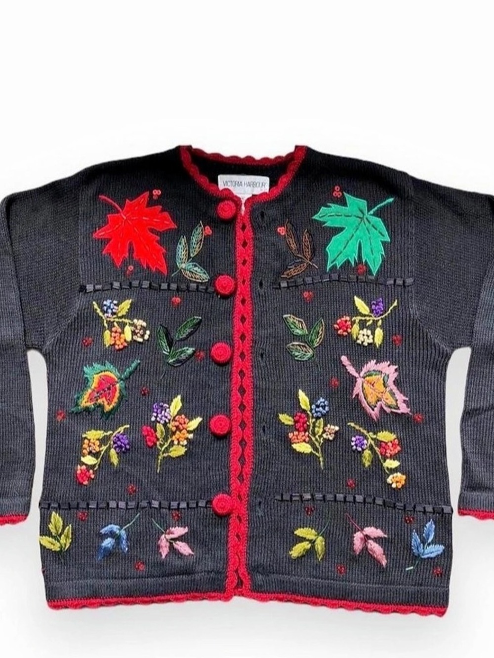 Victoria Harbour Floral Embroidered Cardigan in Black & Red Size Medium